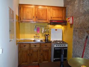 a kitchen with wooden cabinets and a sink and a stove at Coreto Apartments in Sabugueiro