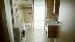 a bathroom with a sink and a washing machine at La trifula bianca apts. in Alba