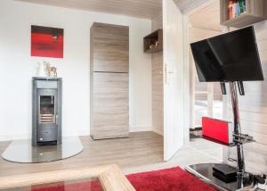 un soggiorno con TV e tappeto rosso di Ferienhaus Auf der Heide 26-S, Winterberg-Niedersfeld a Winterberg