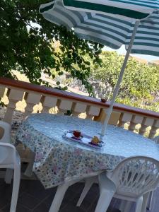 a table with a plate of food and an umbrella at Villa Stella in Praia a Mare