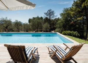 une paire de chaises assises à côté de la piscine dans l'établissement The Blue Villa, à Lucques