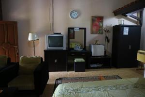 a living room with a couch and a tv at Princess Cottages in Sukabumi