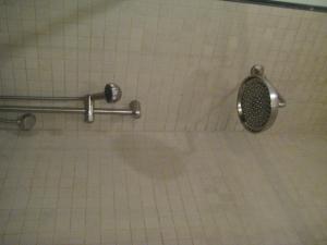 a shower in a bathroom with a tile floor at Le Relais Lyonnais in Montréal