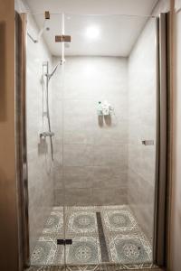 プラハにあるプラハ EIA センター アパートメンツのバスルーム(ガラスドア付きのシャワー付)