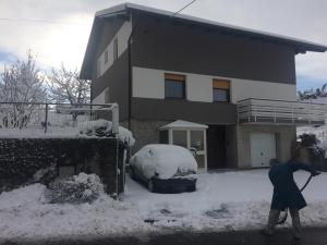 波斯托伊納的住宿－Tourist Rooms Sajovic，一个人在把雪从房子里铲下来