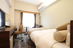 a hotel room with a bed and a television at Rembrandt Style Yokohama Kannai in Yokohama