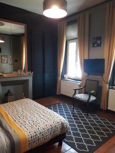 um quarto com uma cama, uma cadeira e um espelho em L'escale du XIX ème em Lillers