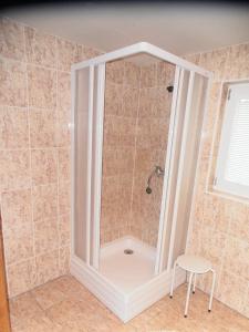 een douche met een spiegel in de badkamer bij Penzion Samota in Louka