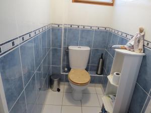 ManthelonChambre d'hôtes La Clé du Bonheur的一间带卫生间的浴室和蓝色瓷砖墙壁。 更多13张照片