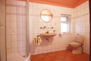 a bathroom with a toilet and a sink and a shower at Ubytovani U Lavky in Suchovršice