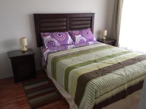 a bedroom with a large bed with purple pillows at Pronejoet Departamentos La Herradura in Coquimbo +29 photos
