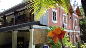 a pink building with a palm tree in front of it at Villay Vanh Place House in Luang Prabang