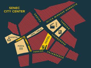 a map of a city center with different cities at Hotel Marathon in Senec