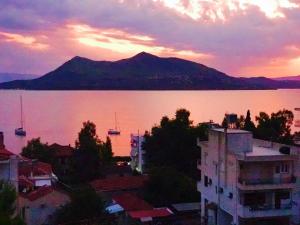 uma vista para uma massa de água com uma montanha em Sagini Boutique Hotel em Loutra Edipsou