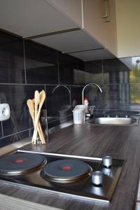 a kitchen counter with a stove with plates on it at Apartment Bini in Molunat