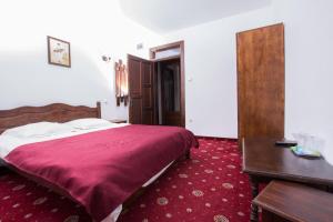 a bedroom with a bed with a red carpet at Pensiunea Panoramic - Transalpina Rânca in Ranca