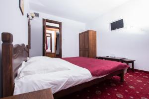 a bedroom with a large bed and a desk at Pensiunea Panoramic - Transalpina Rânca in Ranca