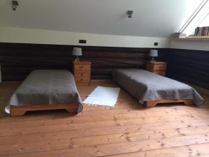 Pällu的住宿－Väike-Pällo Holiday Home，一间卧室设有两张床和两个床头柜