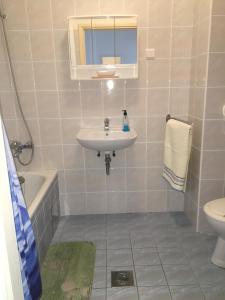 a bathroom with a sink and a toilet and a mirror at Apartman Mimoz in Senj +26 photos