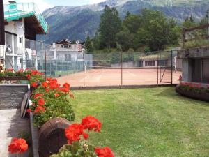 a tennis court with red flowers in a yard at Isa in La Thuile