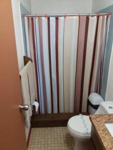 a bathroom with a shower curtain and a toilet at Adanesne Apartments in Ensenada +41 photos