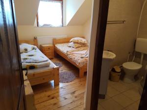 ラキツェレにあるCabana Suciuのベッド2台とトイレ付きの小さな部屋です。
