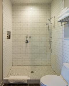 a bathroom with a shower with a toilet at Kinn Guesthouse Bay View in Milwaukee