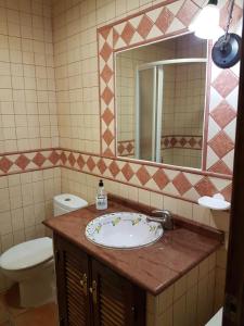 a bathroom with a sink and a toilet and a mirror at Alojamiento Macarena in Burunchel