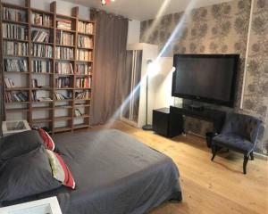 ein Schlafzimmer mit einem Bett, einem TV und Bücherregalen in der Unterkunft Atypique apartment - Saint-Germain des Prés in Paris