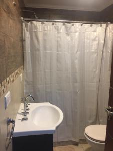 La salle de bains est pourvue d'un rideau de douche blanc et d'un lavabo. dans l'établissement Casa Patagónica El Calafate, à El Calafate 29 autres photos