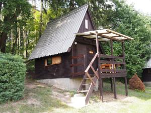 a small cabin with a ladder in front of it at Kemp Prachovská osma in Libuň