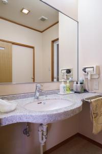 uma casa de banho com um lavatório e um espelho grande em 天然温泉白川郷の湯 em Shirakawa