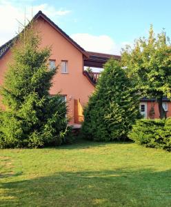 a house with two trees in front of it at Ferienhaus Moewe in Hanshagen