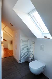 łazienka z białą toaletą i świetlikiem w obiekcie Apartment Riba w mieście Škofljica