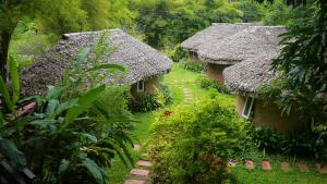 two huts with thatched roofs in a garden at Pho Rak Nah Pai in Pai