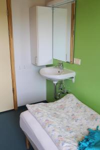 a bathroom with a sink and a bed with a mirror at Helgafell Hostel in Djúpivogur