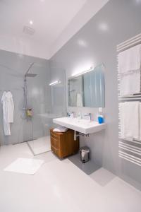 biała łazienka z umywalką i lustrem w obiekcie Grand Soho Apartment w Wiedniu