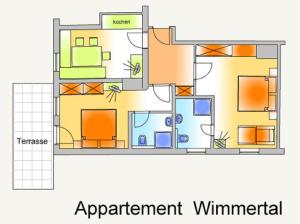 een gedetailleerde plattegrond van een huis met appartementmeubilair bij Farm Resort Geislerhof in Gerlos