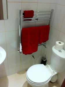 a bathroom with a toilet and red towels on a rack at The Horseshoe in Bristol