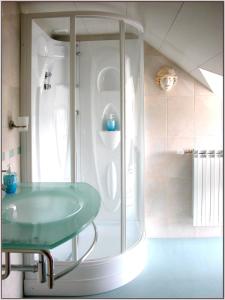y baño con ducha y lavabo verde. en Clos St Ange (Dinan-St Malo), en Vildé-Guingalan