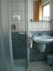 uma casa de banho com um chuveiro e um lavatório. em Napfürdő Vendégház em Mezőkövesd