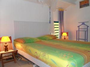 1 dormitorio con 1 cama con un edredón colorido en les touloulous, en Sainte-Anne
