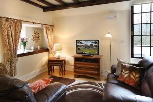 a living room with a couch and a television at Vulcan Lodge Cottages in Rhayader