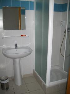 a bathroom with a sink and a shower at Gîte Le Shantoné in Saint-Michel-de-Maurienne