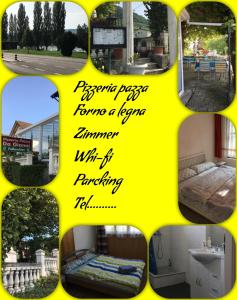 a collage of photos of a house with a yellow background at Guest house Pizzeria Pazza da Gianni in Stein am Rhein