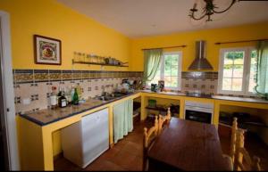 サント・トマスにあるVilla Macarena menorcaの黄色の壁のキッチン(テーブル付)、ダイニングルーム