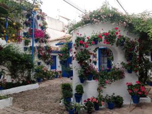 un edificio blanco con puertas azules y flores en él en Patio San Lorenzo, en Córdoba