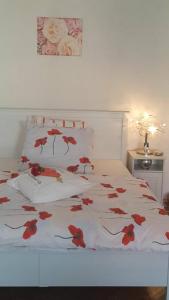 Un dormitorio con una cama con flores rojas. en Penzion-apartmán U Johana, en Moravská Třebová