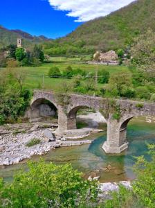 an old stone bridge over a river at Pieve di Cà Maggiore in Firenzuola