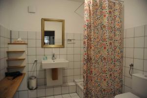 a bathroom with a shower curtain and a sink at Weinloft Staufen in Staufen im Breisgau +9 photos